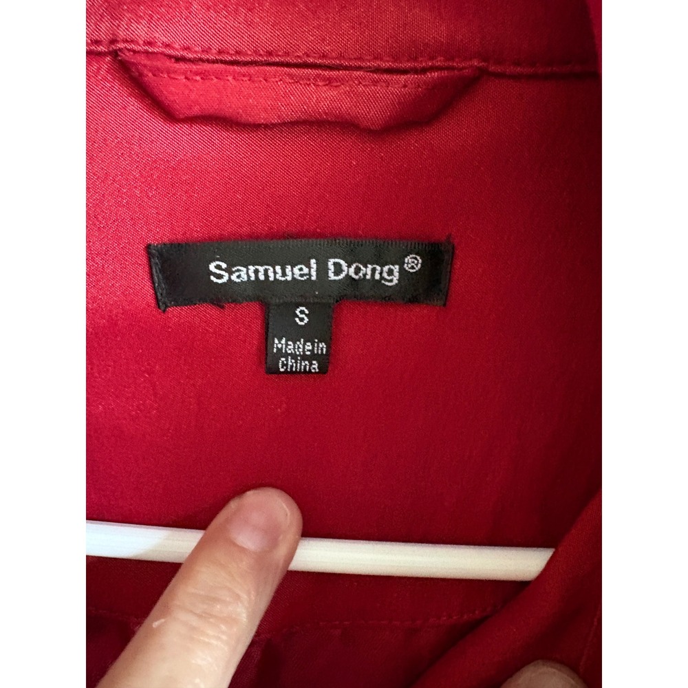 Samuel Dong Red Ruffle Trench Coat Women Small Dramatic Collar Belted Jacket - Picture 8 of 9